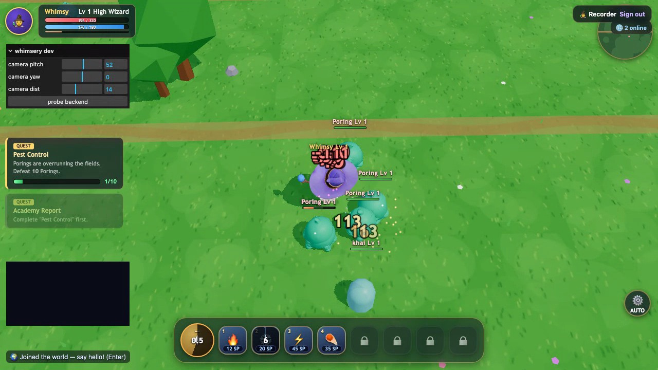 Remote wizards trading damage in Whimsery — burst effects, damage numbers, and the Porings taking the hits.