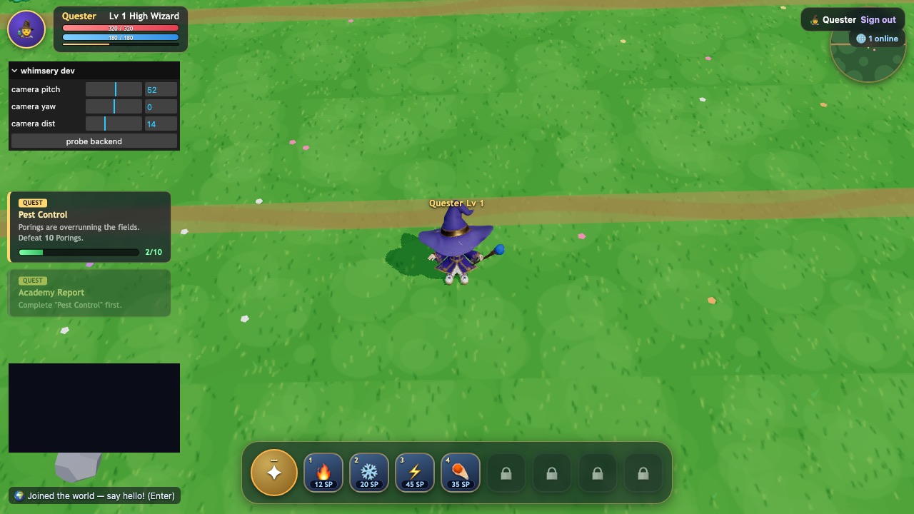 A lone high wizard on the Whimsery field, mid-quest — the state the game was in while the bug list below was live in production.