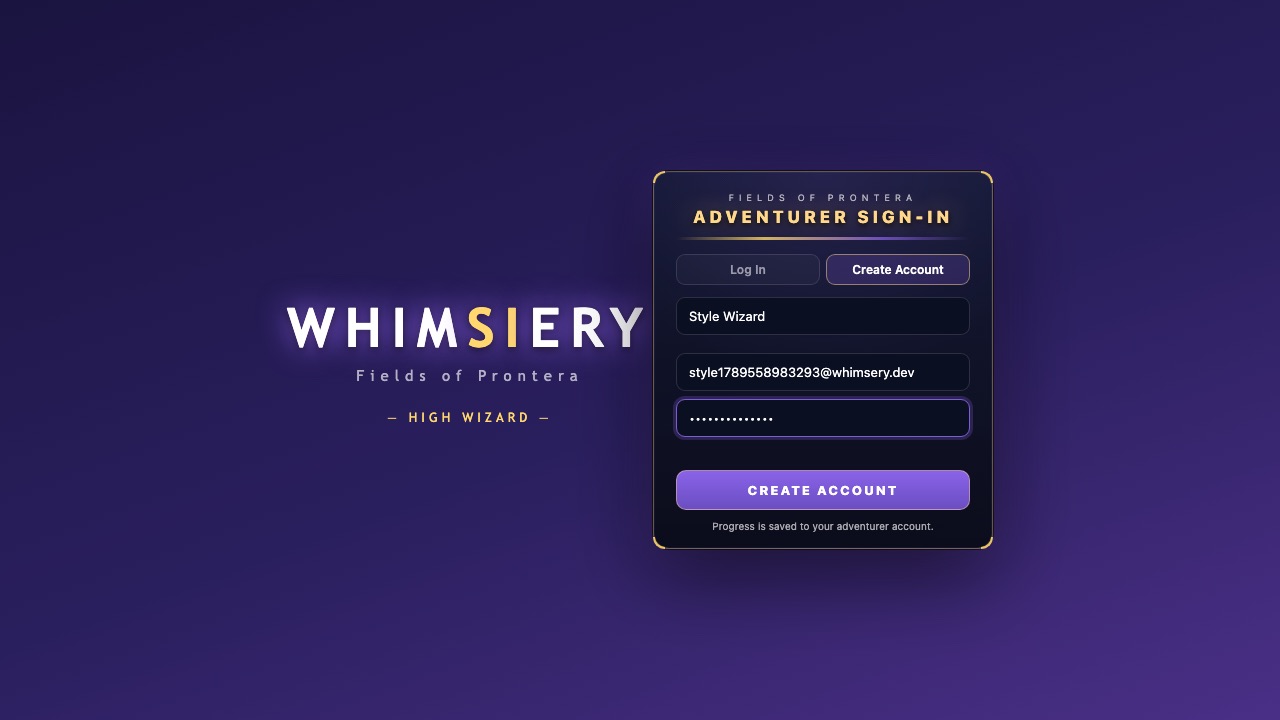The Whimsery login wall: the adventurer sign-in card embedded inside the splash, gold hairline and corner brackets on violet.