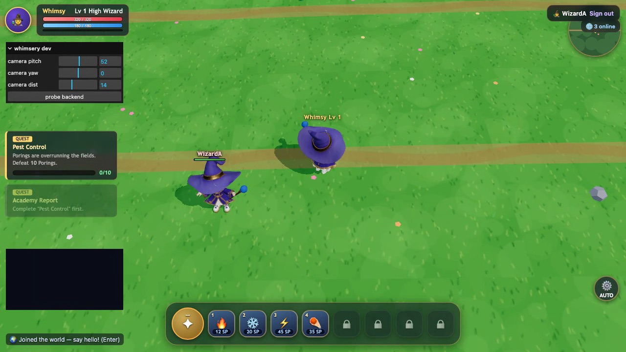 Two wizards meeting in the Whimsery fields — the moment the multiplayer mirror had to render a stranger as a real character.