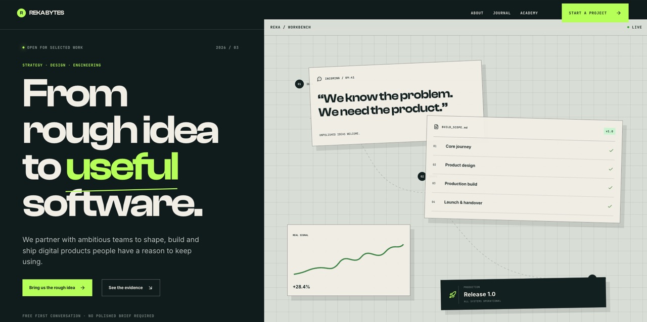 Reka Bytes homepage redesign, with a service-first headline and an illustrative workbench beside it
